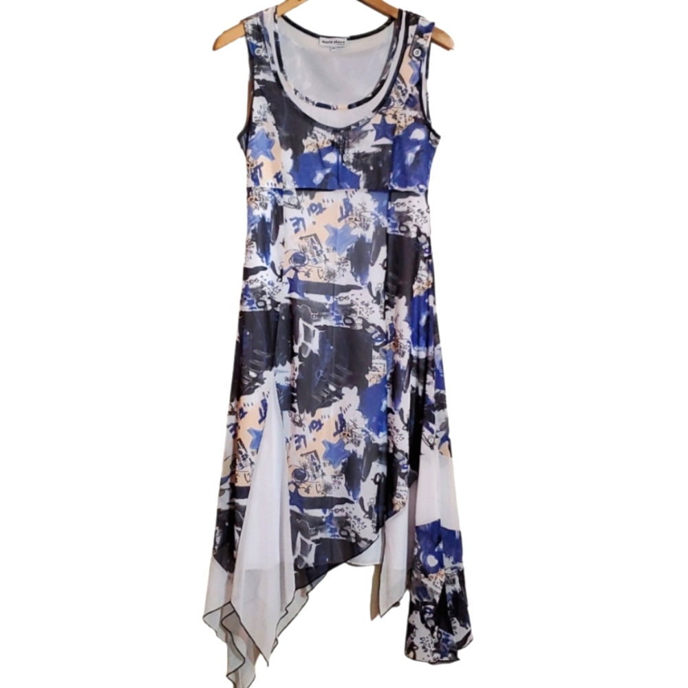MARIE CLAIRE M BLUE & WHITE ABSTRACT NEWS RETRO SLEEVELESS SCARF HEM MAXI DRESS
